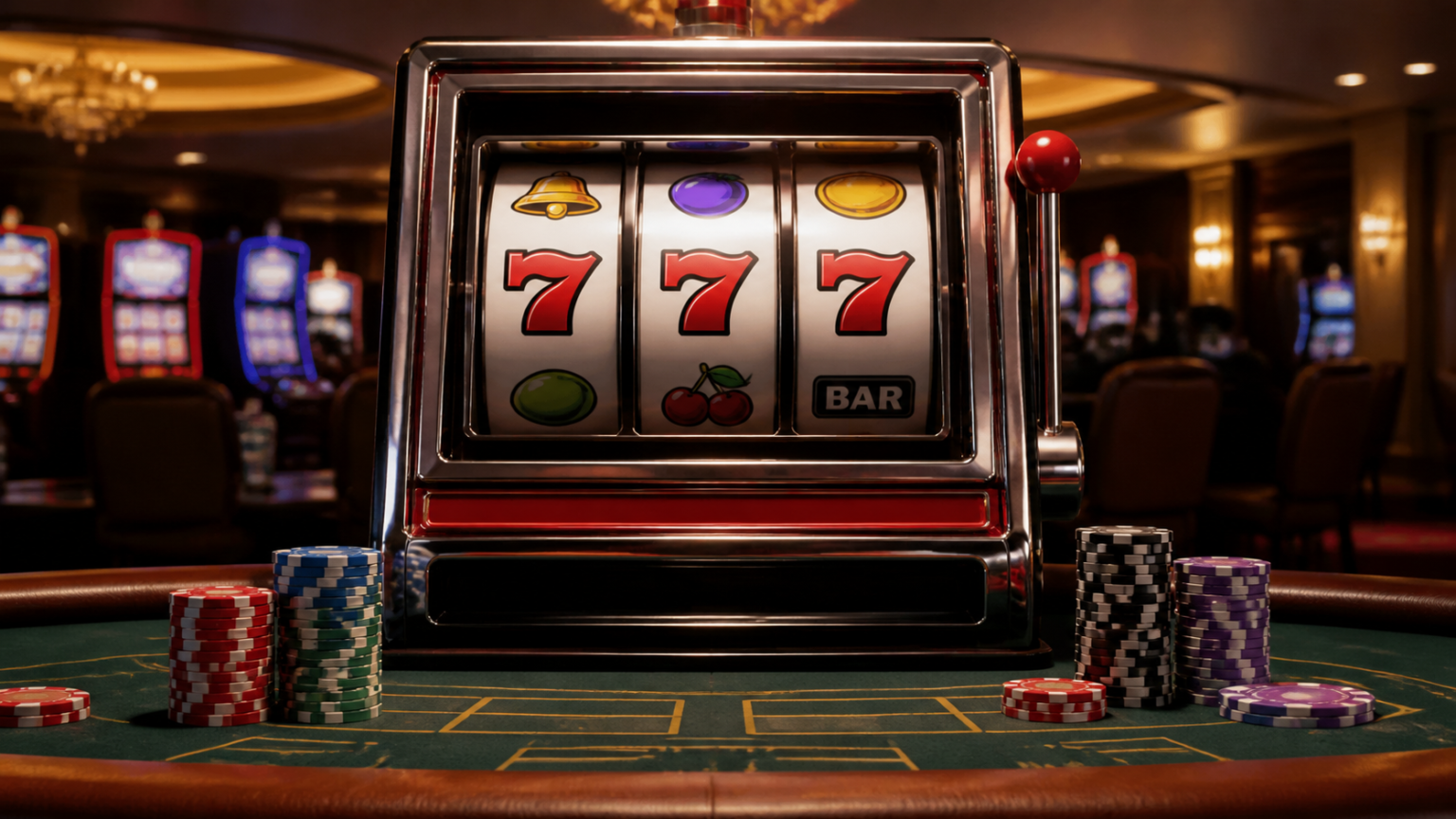 Mesin slot kasino dengan gulungan menyala dan chip